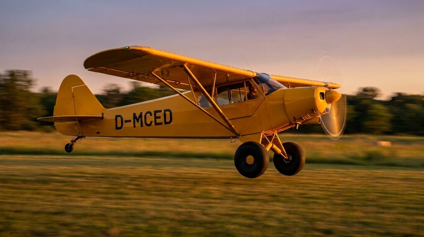 Gelbes Buschflugzeug D-MCED hebt im Abendlicht von einer Graspiste ab