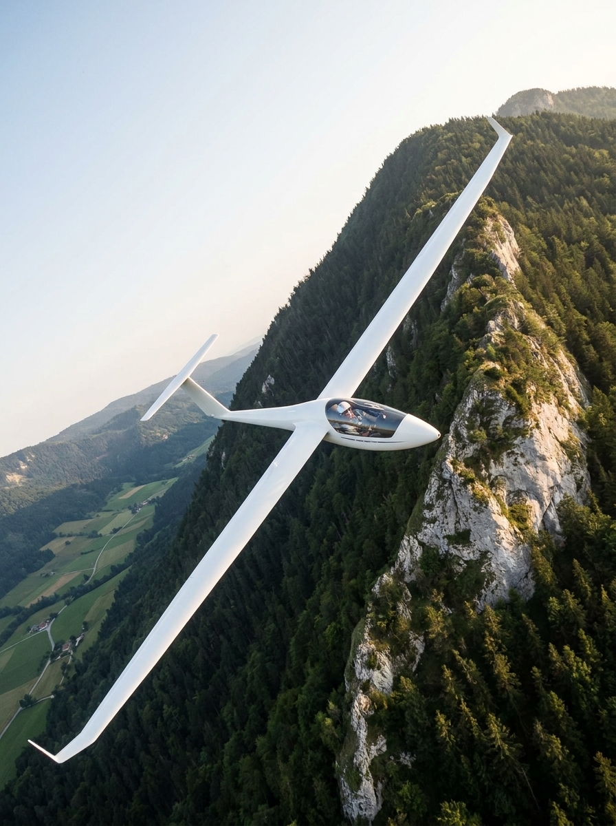 Weißes Segelflugzeug dicht neben einem bewaldeten Felshang, aufgenommen aus einem zweiten Flugzeug, Tal mit Feldern darunter